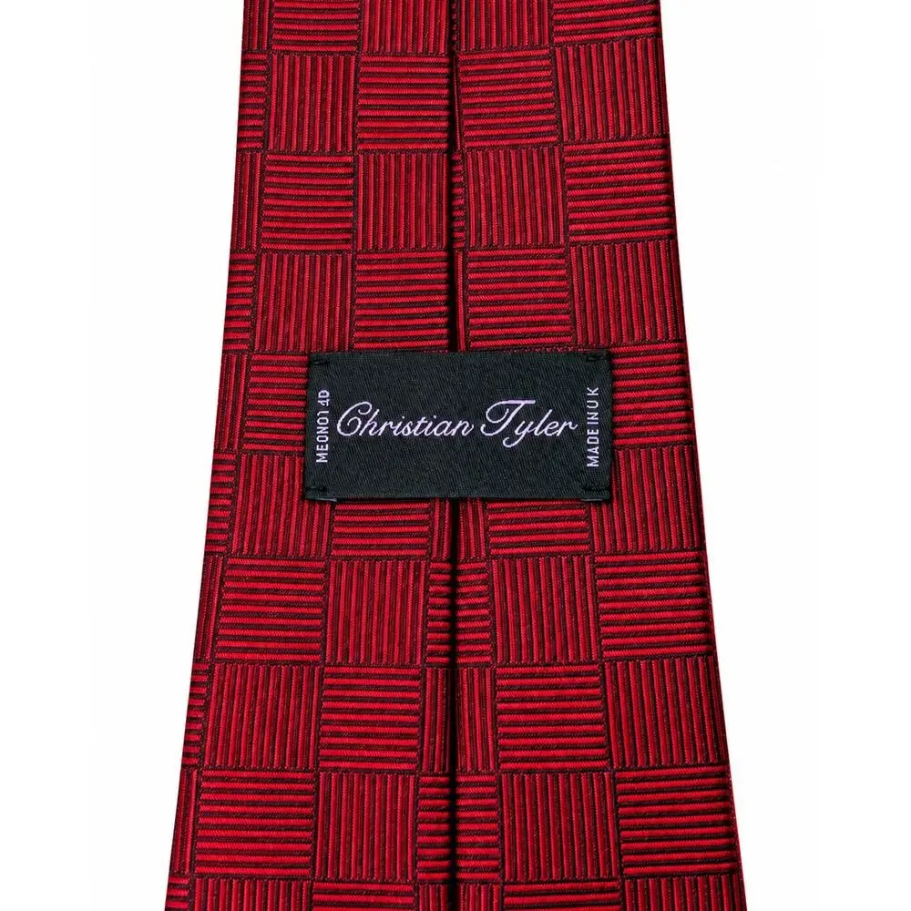 Christian Tyler Men’s Red Black Geometric Necktie Textured Basketweave UK Made